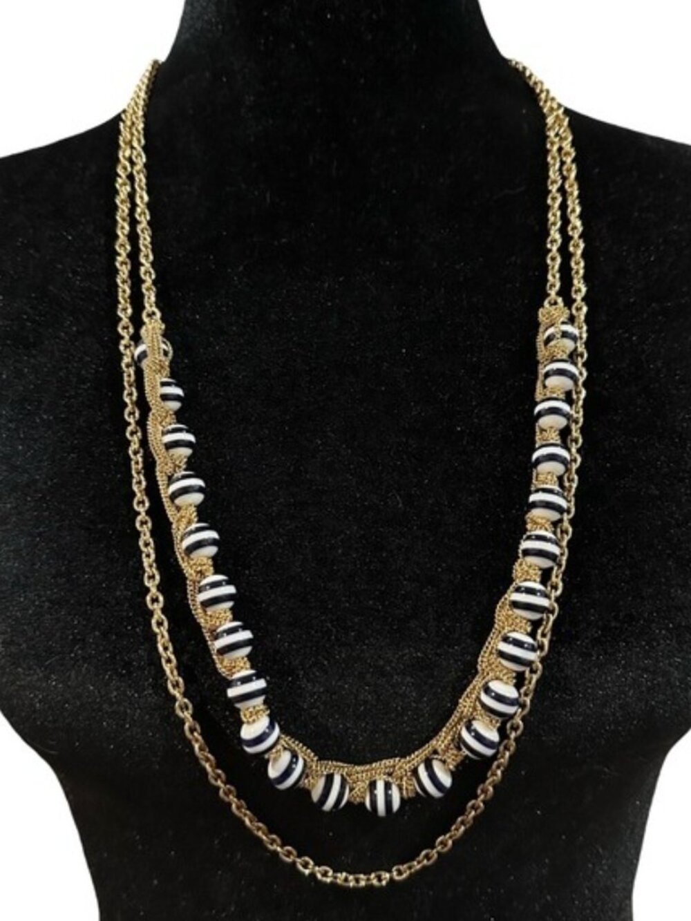 Talbots Necklace Double Strand Gold Tone Chain Stripe Beaded Detail Adjustable